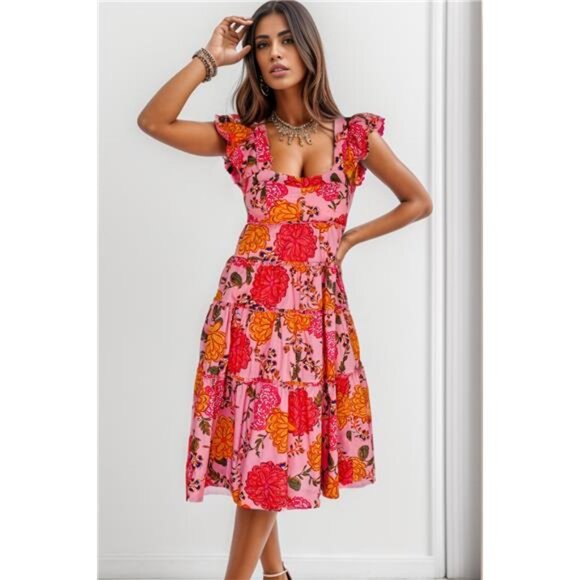 Ruffled Floral Square Neck Tiered Dress - Picture 2 of 3